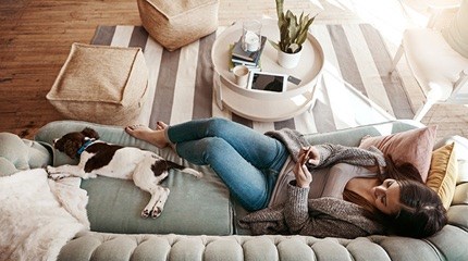 Dog and owner lying on a sofa in a living room