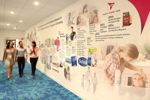 Three RB colleagues walk down office corridor with RB timeline on wall