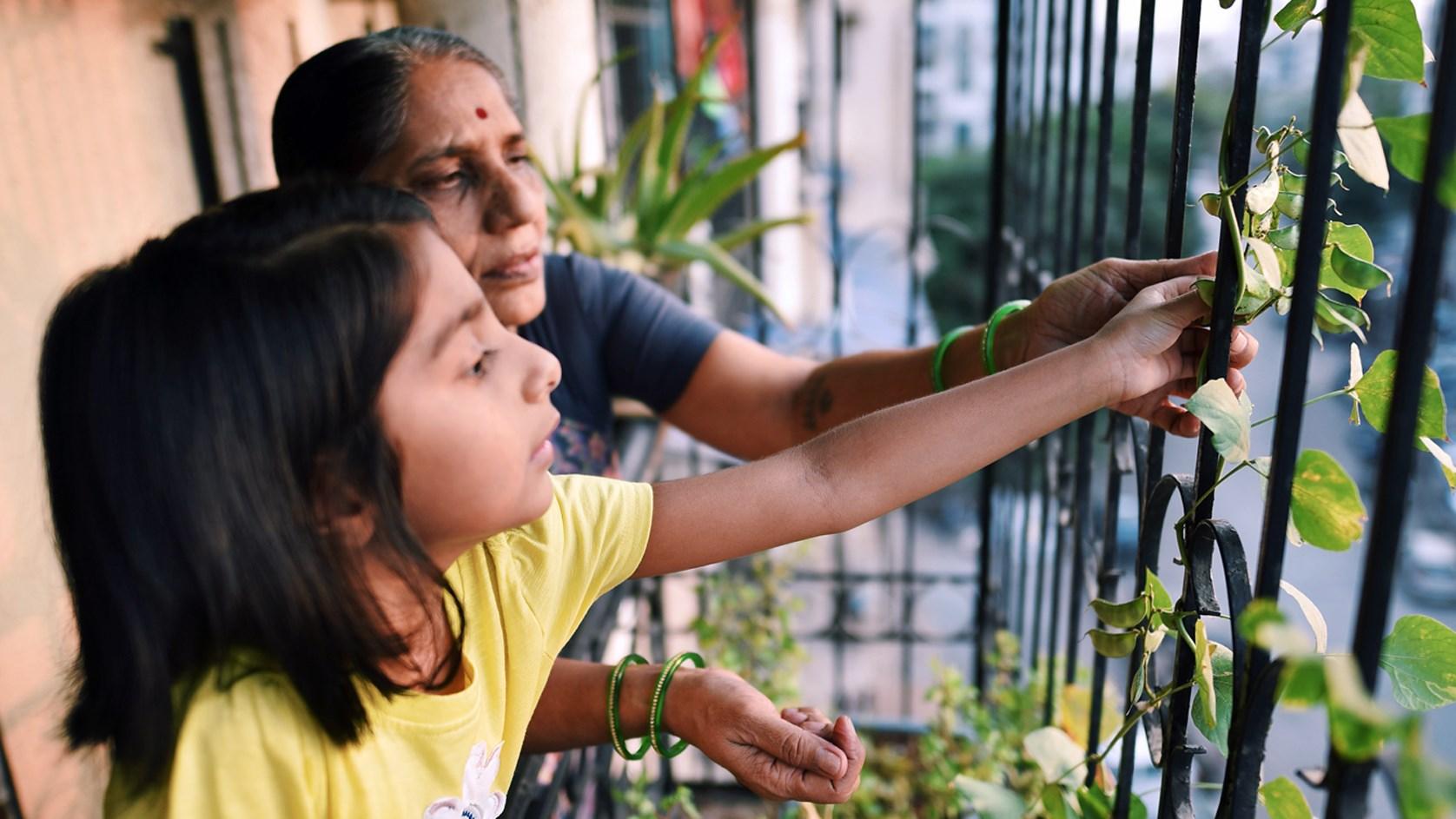 Child and older relative growing plants on a balcony