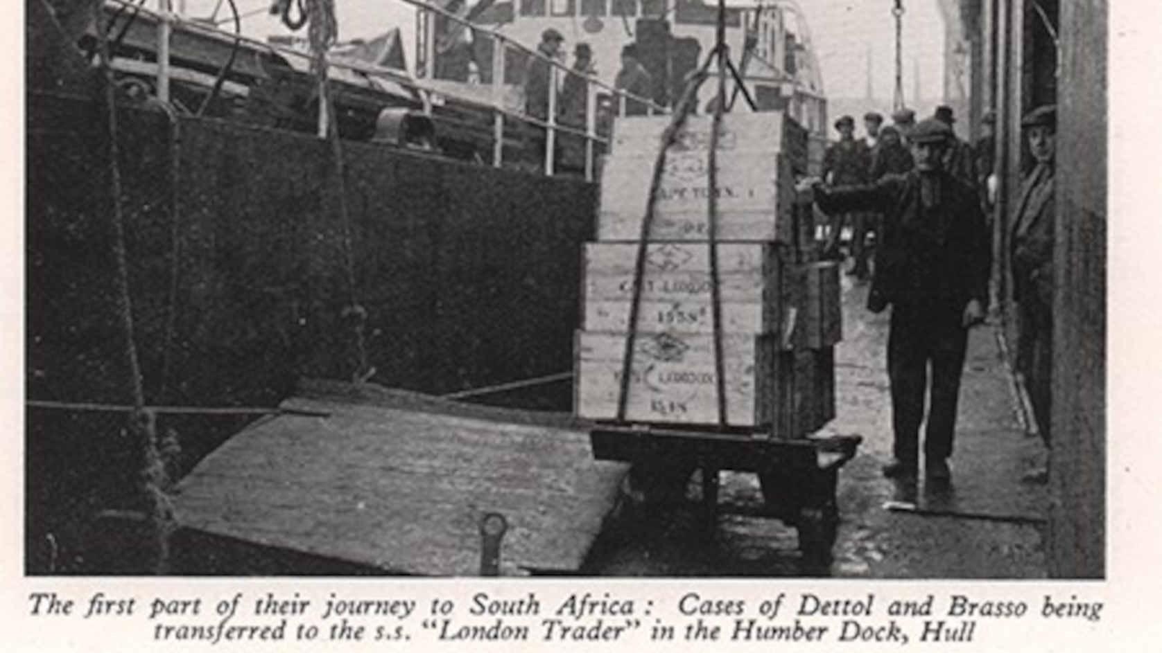 Cases of Dettol and Brasso being transferred to the s.s. "London Trader" in the Humber Dock, Hull